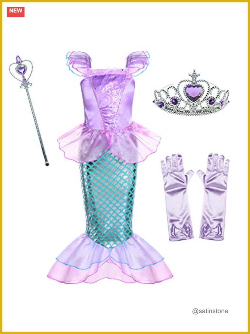 Little Mermaid Costume Set Girls Princess Dress Crown Wand Gloves Halloween